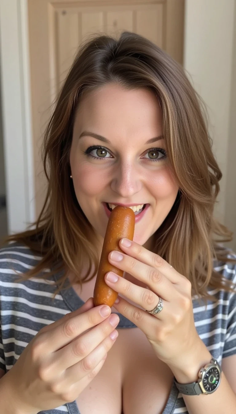 Photo of woman CSTMDL eating a hotdog