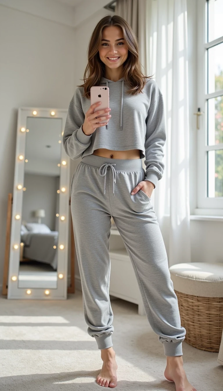 photo of woman CSTMDL , A modern, stylish indoor fashion shot featuring a female model posing confidently in a chic gray loungewear set, consisting of a cropped hoodie and relaxed-fit sweatpants. The setting is a bright, minimalist bedroom enhanced by natural light streaming through a nearby window, providing a soft, warm ambiance. A large mirror with illuminated bulbs reflects the model, adding depth to the composition. The model stands with one leg slightly bent, accentuating her toned physique while holding a smartphone up to capture the moment. Soft neutral tones dominate the decor, with a light gray carpet and white cabinetry, creating a serene environment. The wardrobe choice emphasizes comfort and fashion, enhanced by the model's loose hair falling gracefully over her shoulders. The photograph should focus on crisp details and vibrant textures, utilizing a shallow depth of field to draw attention to the subject while softly blurring the background.
