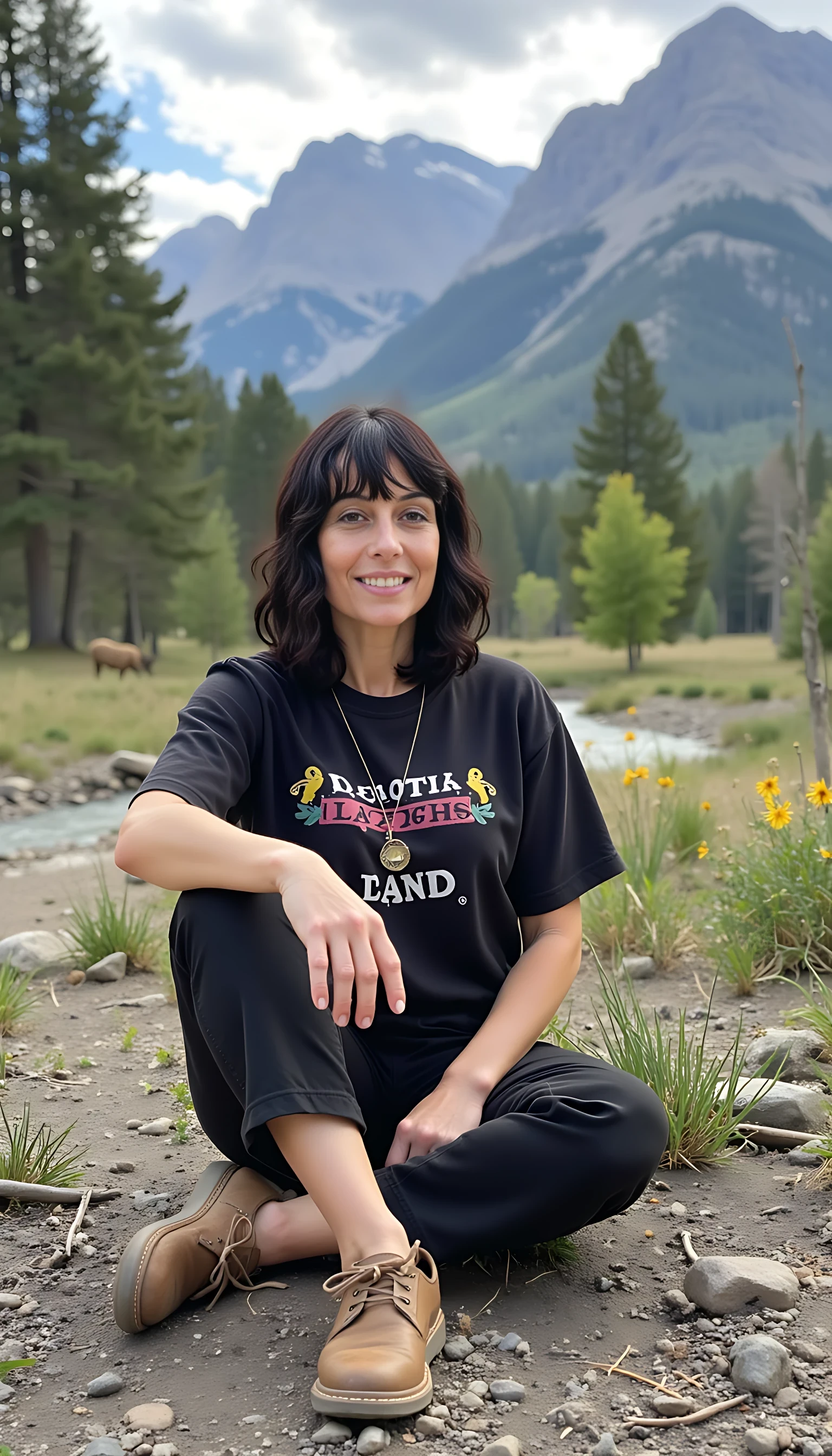 iphone portrait of CSTMDL woman thirty five years old Bob length hair hair makeup bangs cute smile brown eyes and sitting in middle of woods next to creek “wizard”  mountains background large elk in background 