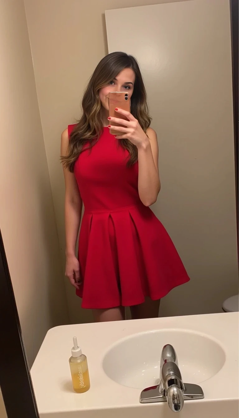 boring low quality snapchat photo circa 2015, taking mirror selfie with iPhone, with cute red dress