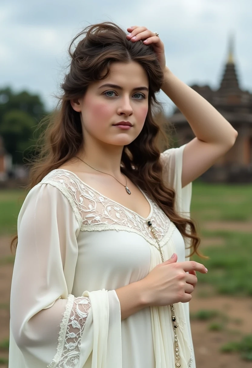 woman CSTMDL, photo ((medium)), brunette, blue eyes, cold smile, 1900 covering white dress, small pendant, tied hair, big breast, thin waist, cambodian khmer ruins in background