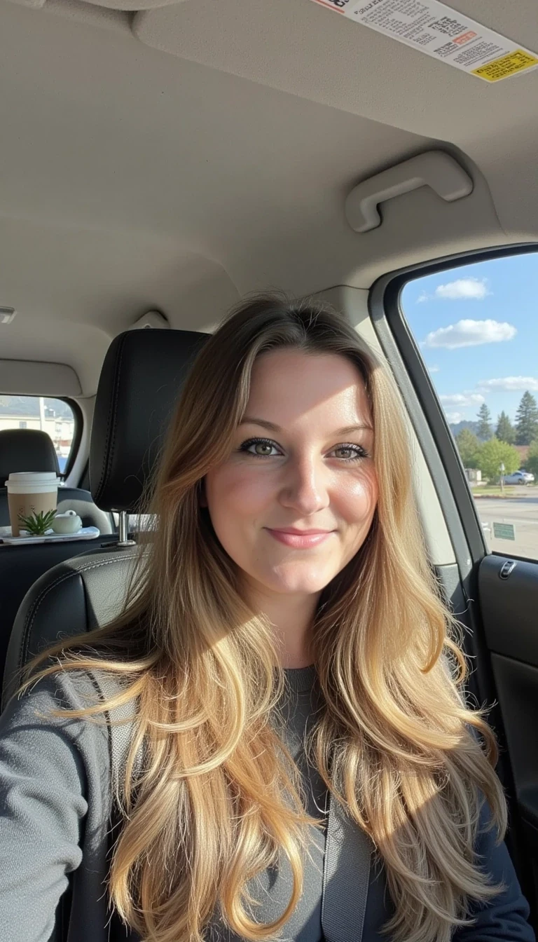 CSTMDL,  boring low quality snapchat photo circa 2015, A young woman with a warm smile, sitting in the driver's seat of a cozy car. She has soft, wavy brown hair cascading past her shoulders. The sunlight streams through the window, casting a gentle glow on her face. The interior of the car is neat and comfortable, with a coffee cup in the cup holder and a small plant on the dashboard. The background outside the window shows a scenic road lined with trees and blue skies