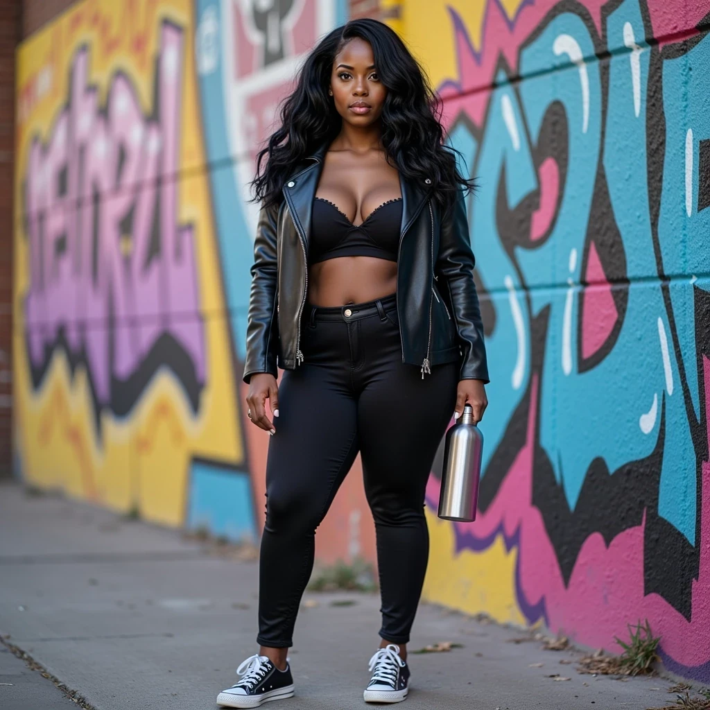 Full body shot of CSTMDL standing in front of a vibrant graffiti wall, wearing a black leather jacket and sneakers, holding an unmarked silver water bottle, with colorful urban energy all around. 


Shot as if on a Canon EOS R5 with a 50mm f/1.2L lens, ISO 100, f/2.8, 1/125 shutter speed, enhanced by natural daylight and a softbox for glowing, lifelike lighting.

She has deep brown almond-shaped eyes and long, wavy black hair flowing over her shoulders styled in light ringlet curls. Her figure is curvy and feminine, with a confident presence. She has large breasts and a big butt. Her fingernails feature a mid-length squared white French manicure, and her toenails are polished in a matching French pedicure.