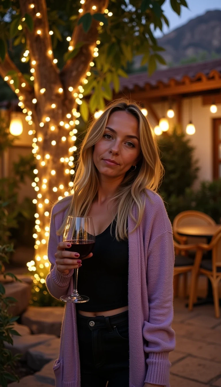 A full body shot photo of CSTMDL standing outdoors at a cozy, warmly lit patio in the evening, with soft, glowing lights wrapped around a tree behind them creating a charming atmosphere. The image is rich in detail, with warm tones and clear textures throughout. The woman has fair skin, Fit, feminine figure with soft curves, and a natural hourglass shape. She is smiling warmly at the camera, holding a glass of red wine in her right hand, and wears a soft-textured lavender cardigan over a black top. The background features a large tree with sparkling string lights wrapped around its trunk and branches, adding a magical touch to the scene. The setting suggests a private outdoor seating area, with elements like terracotta-tiled roofing, greenery, and rattan chairs contributing to a serene, inviting vibe. The overall composition is balanced, with the woman framed against the softly glowing tree, and the lighting enhances the warm, intimate feel of a quiet evening shared among friends. The details are vivid, with textures of clothing, skin, and background elements clearly visible, while the warm lighting creates a relaxed and joyful mood