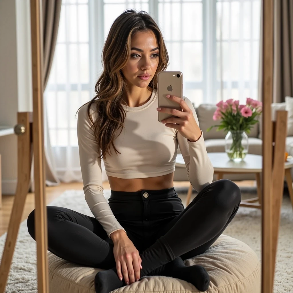 A hyper-realistic mirror selfie of a young woman indoors, sitting casually on a round cushion. She has long brown hair, styled naturally, and is wearing a fitted long-sleeve crop top with high-waisted leggings and socks. She holds her smartphone in one hand while looking at the screen. The background shows a modern, stylish living room with curtains, flowers on a table, and soft natural daylight filling the space. The photo is sharp, clear, and resembles a trendy influencer Instagram post with professional-level realism.