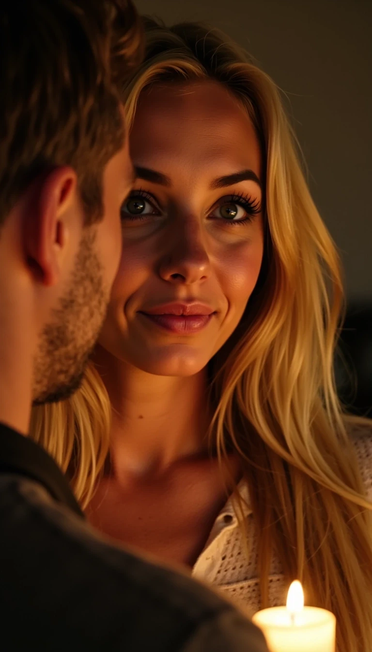 Ultra-realistic cinematic portrait of a beautiful womanin soft amber light infront of her boyfriend holding a mini birthday cake. beautiful eyes. sensual, anticipatory expression, eyes glowing with warmth and desire. Candlelit atmosphere, moody shadows, luxurious textures sensually inviting, blonde hair 
