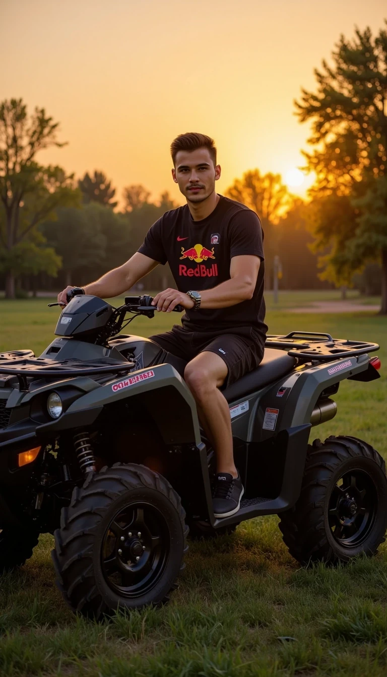 Photorealistic full-body photo of a young handsome man, he wears redbull t-shirt, black shorts, black sneakers, He is sitting on a Can Am Outlander quad bike, the setting is a meadow, with trees and a sunset in the background.


Lifestyle influencer aesthetic, cinematic realism, ultra-detailed, 8K
The photo feels cinematic, influencer-style, high quality, professional composition.
Well lit picture, Style: Photorealistic Lighting: studio lighting 
Details: Bright Lighting, High Detail, 4K
he stand infront of camera , photoghraped by a photograph
