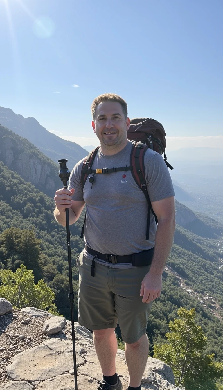 photo of a mid 40s man CSTMDL in hiking attire at the summit of a small mountain. he has a dad bod but is clearly in shape