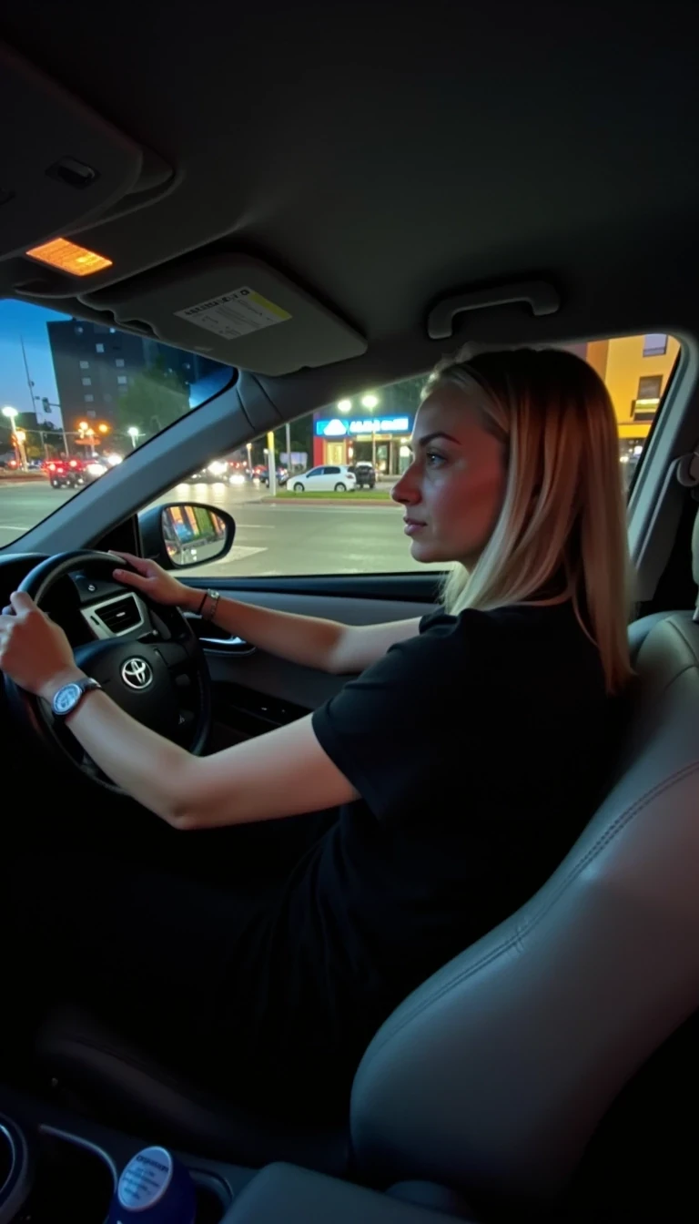 CSTMDL, Hailey, Hyperrealistic cinematic portrait of an early 20 woman driving her silver Toyota Corolla 2015 at night, illuminated by soft neon reflections from city lights. She looks relaxed yet slightly tired after work, her long blonde hair gently catching the glow of passing streetlights. she is wearing a fitted black short-sleeved polo shirt, tucked into slim black pants, no visible accessories; The windshield shows blurred reflections of headlights and taillights in motion, creating a dreamy atmosphere. A subtle warm light highlights her face while cool blue tones from the dashboard softly contrast. The background hints at urban buildings and quiet streets as she heads toward her apartment. Photorealism, analog film texture, crisp details, cinematic depth of field, night photography aesthetic.