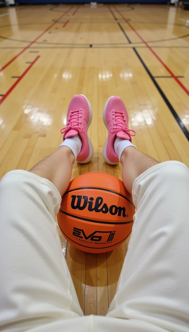 photo of woman CSTMDL , This image captures a close-up view of a person's legs, clad in white sweatpants, resting on a polished wooden basketball court. The focus is on a vibrant orange basketball, placed between the legs, prominently displaying the logo 'Evo' and 'Wilson.' The environment conveys a warm, relaxed atmosphere, suggesting a casual day at the gym or after a game. The perspective is low to the ground, emphasizing the footwear, which consists of stylish pink basketball shoes. The court's lines and markings, along with the smooth surface of the wood, enhance the setting's authenticity. Natural light from overhead illuminates the scene, casting soft shadows and highlights, creating a balanced composition. The overall feel is comfortable yet sporty, reflecting a connection to the game of basketball while highlighting the individual's relaxed moment of pause. The colors are warm with a slight sheen from the polished floor, and the depth of field softly blurs the background, drawing more attention to the subjects in the foreground.