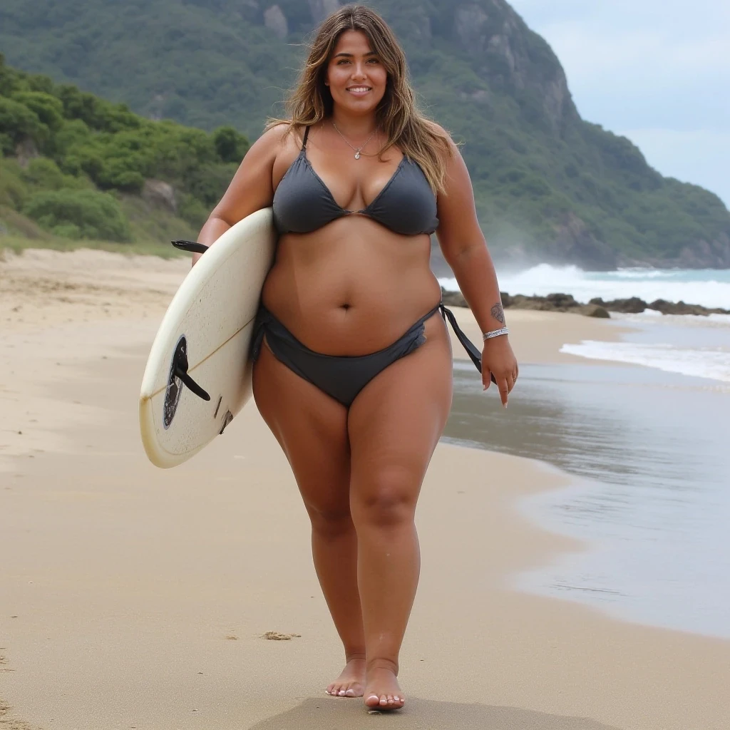 She has a thick but fit body: curvy thighs, soft tummy with abdominal structure like a surfer, fuller chest, and toned legs, feminine arms that resemble a surfers muscle tone, Her feet are natural and feminine with soft soles, high arches, and short white-polished toenails. She has a small stingray tattoo on the inside of her left wrist. No heavy makeup, just light mascara and glossed lips. She appears relaxed and natural