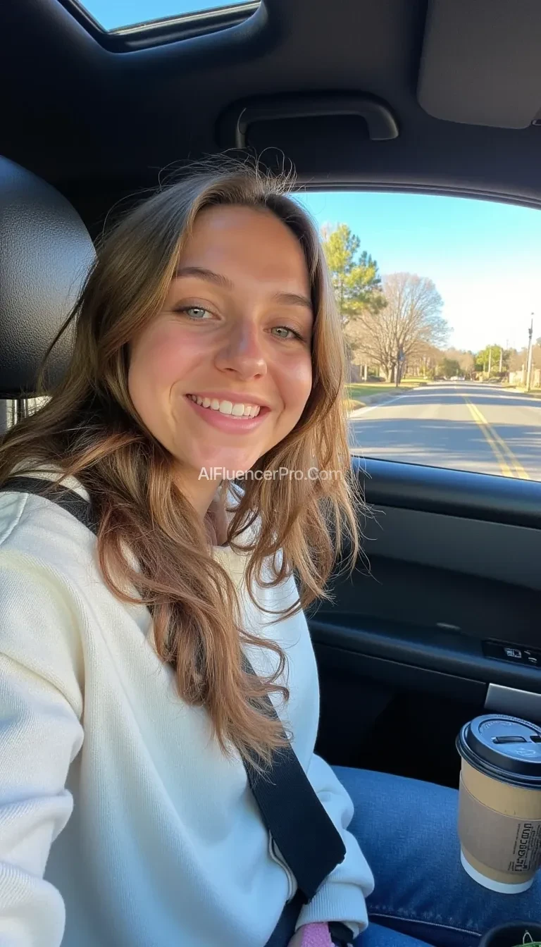 boring low quality snapchat photo circa 2015, A young woman with a warm smile, sitting in the driver's seat of a cozy car. She has soft, wavy brown hair cascading past her shoulders. The sunlight streams through the window, casting a gentle glow on her face. The interior of the car is neat and comfortable, with a coffee cup in the cup holder and a small plant on the dashboard. The background outside the window shows a scenic road lined with trees and blue skies