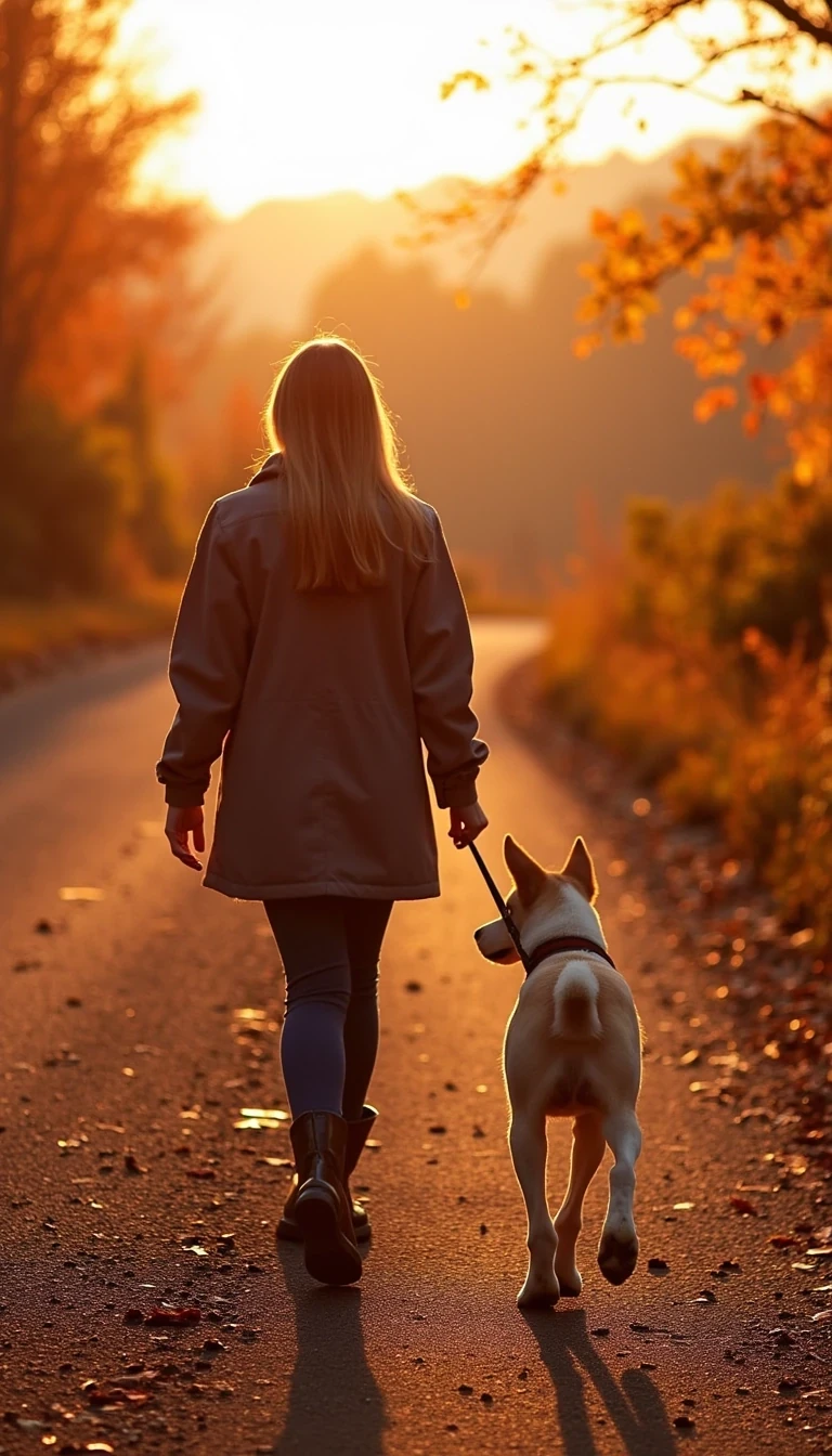 Young woman with soft light brown hair, seen in full body, walking outdoors with her dog on a scenic trail during autumn. She’s dressed in casual, comfortable clothing, with a cozy jacket and boots. The sun is low in the sky, casting a warm golden glow over her and her dog as they walk side by side, surrounded by fallen leaves and trees with vibrant orange and red foliage. Her dog, happily trotting along on a leash, looks up at her. The scene is peaceful and captures the joy of a simple outdoor walk with her loyal companion
