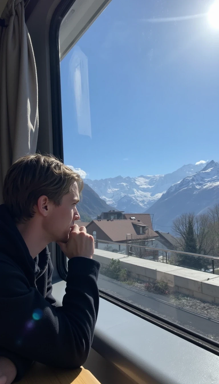 A long range low quality snap chat photo of CSTMDL looking out a train window towards the mountains of Switzerland where we can see majority of his body and the camera snapping the photo from the opposite side of the other seats facing him, the weather outside is cold but with the sun shining on the mountains peeks but having coverage of snow at the top of the mountain. he has his chin resting on one of his hands and the elbow on the base of the table with his head turned towards the scenery while the beautiful sunlight shines through the window. 