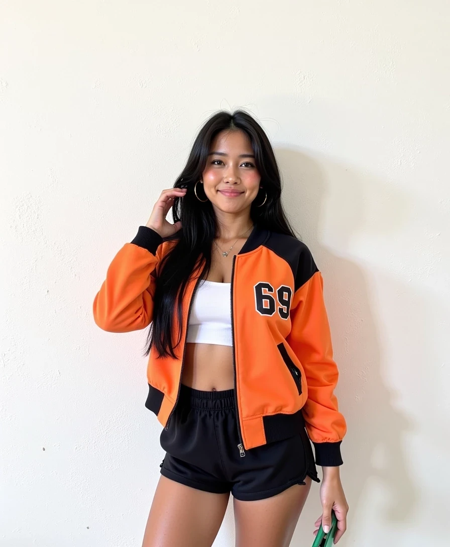 This photograph captures Amy standing against a plain white wall with a slightly textured surface. She has a slender physique with a medium skin tone, long, straight black hair, and is wearing a vibrant, athletic-style jacket. The jacket is predominantly orange with black panels on the left and right sides, featuring the numbers "69" in bold, black print on the left chest. The jacket is zippered and has long sleeves, which are rolled up slightly to reveal her toned arms. She pairs this with high-waisted black shorts that accentuate her legs, and she is also wearing black knee-high socks.

Her outfit is complemented by a white tank top underneath, which is partially visible at the neckline. She accessorizes with gold hoop earrings and a delicate necklace. In her right hand, she holds a green smartphone, and her left hand is raised, with her fingers gently touching her hair. The background is minimalistic, focusing all attention on her, and the lighting is soft, highlighting her features and the textures of her clothing. The overall mood of the image is casual yet stylish, with a hint of sporty flair.