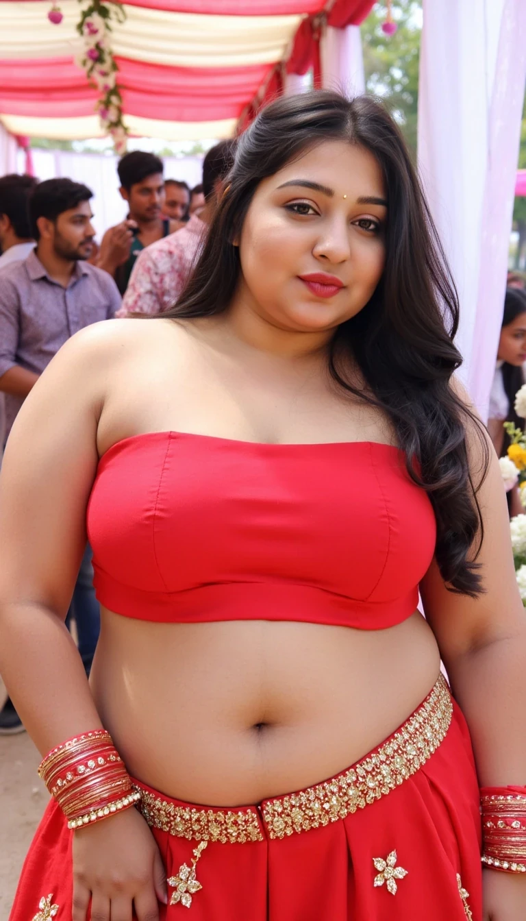 a new bride on her marriege function, she is wearing a indian marriage bridal dress, red colour, red makeup and red bangles, dress is sleeveless and shoulderless, her tummy shown, heavy embroidery on dress, she is smiling, many people beside her in fucntion, fresh flower decoration, look like in out of india, sun shine, she is quite chubby and curvy, her arms cover with heena design. she is watching toward camera