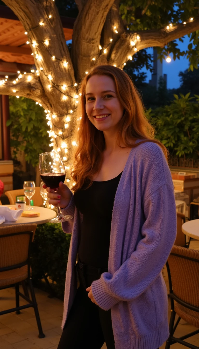 A full body shot photo of a woman standing outdoors at a cozy, warmly lit patio in the evening, with soft, glowing lights wrapped around a tree behind them creating a charming atmosphere. The image is rich in detail, with warm tones and clear textures throughout. The woman has fair skin, a slim build, and long reddish-blonde hair, also worn loose. She is smiling warmly at the camera, holding a glass of red wine in her right hand, and wears a soft-textured lavender cardigan over a black top. The background features a large tree with sparkling string lights wrapped around its trunk and branches, adding a magical touch to the scene. The setting suggests a private outdoor seating area, with elements like terracotta-tiled roofing, greenery, and rattan chairs contributing to a serene, inviting vibe. The overall composition is balanced, with the woman framed against the softly glowing tree, and the lighting enhances the warm, intimate feel of a quiet evening shared among friends. The details are vivid, with textures of clothing, skin, and background elements clearly visible, while the warm lighting creates a relaxed and joyful mood