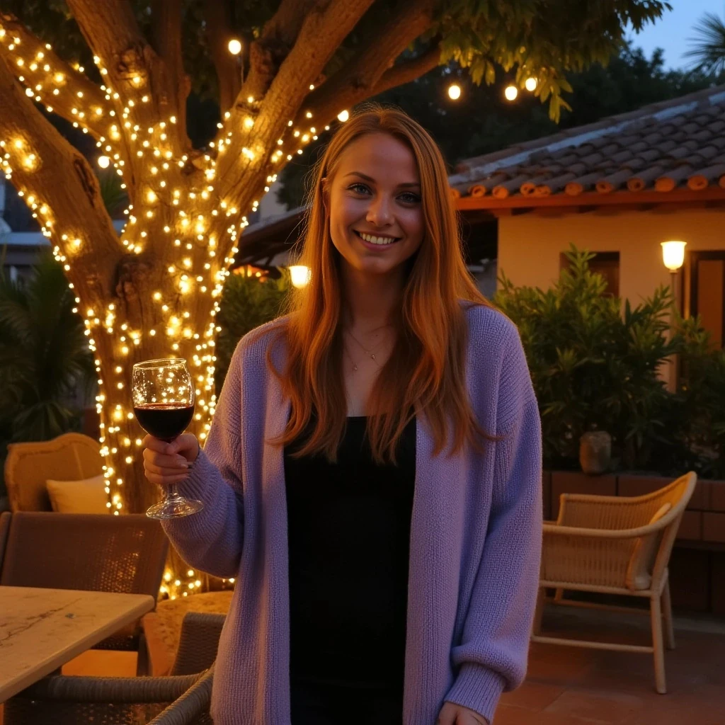A full body shot photo of a woman standing outdoors at a cozy, warmly lit patio in the evening, with soft, glowing lights wrapped around a tree behind them creating a charming atmosphere. The image is rich in detail, with warm tones and clear textures throughout. The woman has fair skin, a slim build, and long reddish-blonde hair, also worn loose. She is smiling warmly at the camera, holding a glass of red wine in her right hand, and wears a soft-textured lavender cardigan over a black top. The background features a large tree with sparkling string lights wrapped around its trunk and branches, adding a magical touch to the scene. The setting suggests a private outdoor seating area, with elements like terracotta-tiled roofing, greenery, and rattan chairs contributing to a serene, inviting vibe. The overall composition is balanced, with the woman framed against the softly glowing tree, and the lighting enhances the warm, intimate feel of a quiet evening shared among friends. The details are vivid, with textures of clothing, skin, and background elements clearly visible, while the warm lighting creates a relaxed and joyful mood