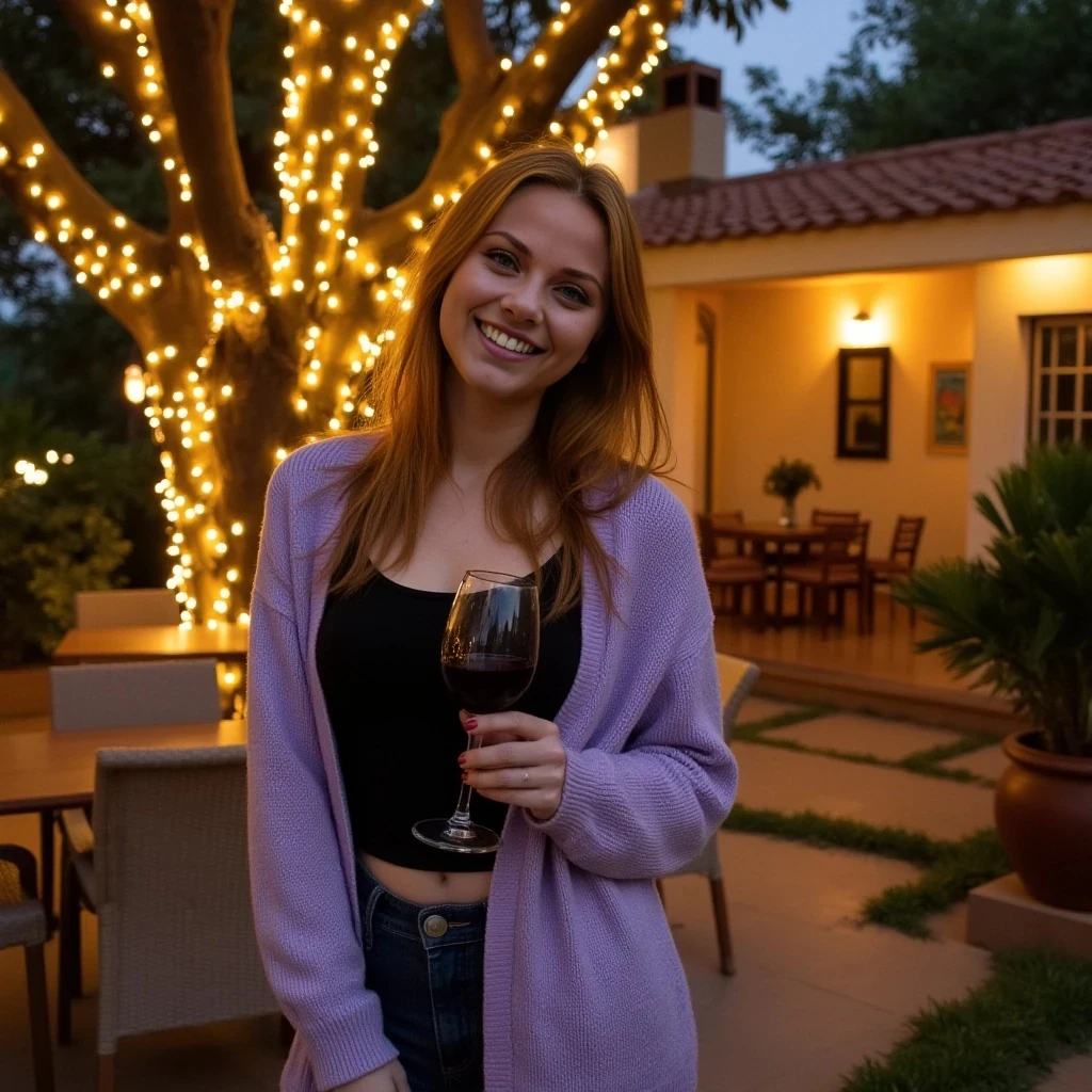 A full body shot photo of a woman standing outdoors at a cozy, warmly lit patio in the evening, with soft, glowing lights wrapped around a tree behind them creating a charming atmosphere. The image is rich in detail, with warm tones and clear textures throughout. The woman has fair skin, a slim build, and long reddish-blonde hair, also worn loose. She is smiling warmly at the camera, holding a glass of red wine in her right hand, and wears a soft-textured lavender cardigan over a black top. The background features a large tree with sparkling string lights wrapped around its trunk and branches, adding a magical touch to the scene. The setting suggests a private outdoor seating area, with elements like terracotta-tiled roofing, greenery, and rattan chairs contributing to a serene, inviting vibe. The overall composition is balanced, with the woman framed against the softly glowing tree, and the lighting enhances the warm, intimate feel of a quiet evening shared among friends. The details are vivid, with textures of clothing, skin, and background elements clearly visible, while the warm lighting creates a relaxed and joyful mood