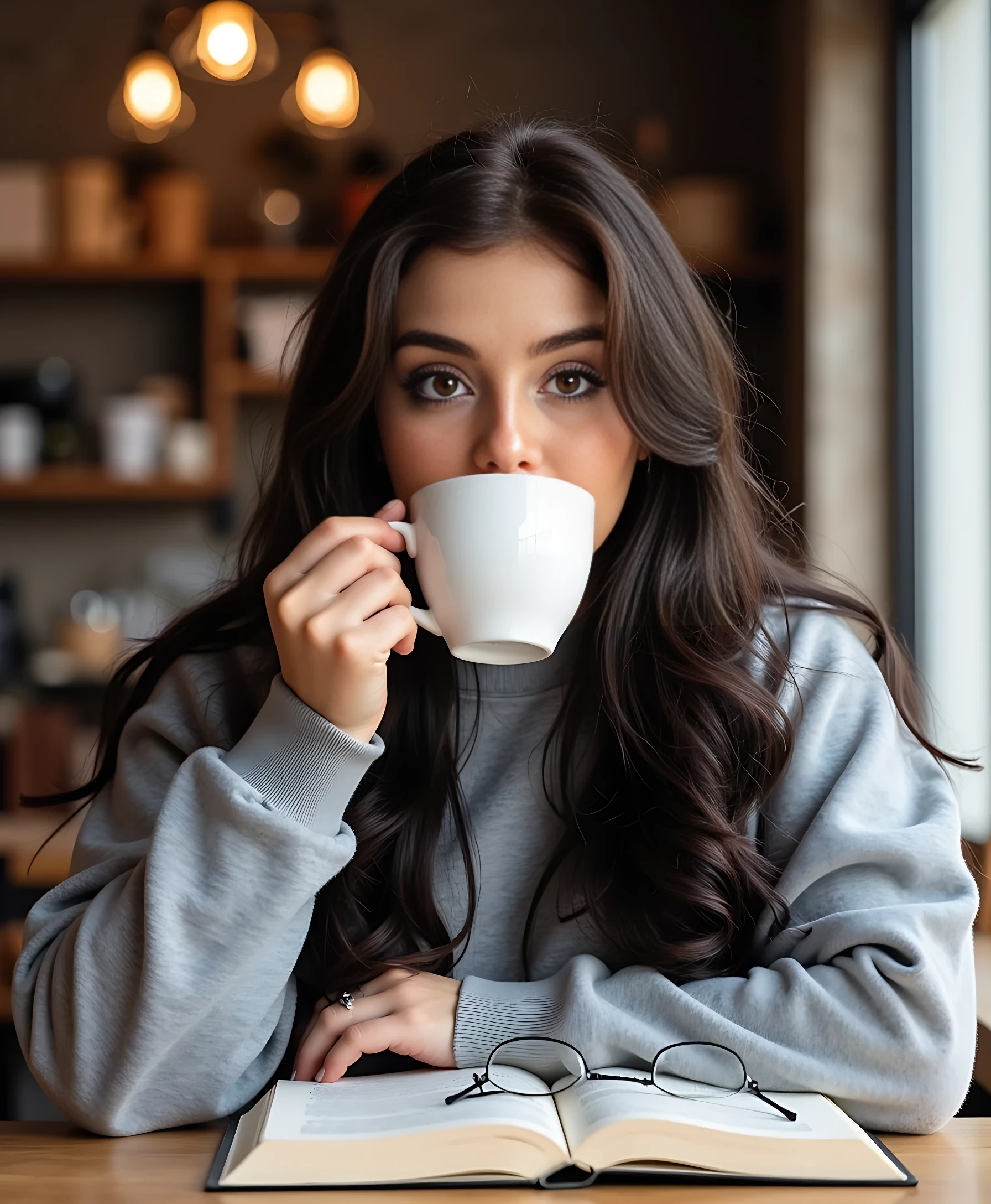 photo of woman CSTMDL, selfie style, in coffee shop, is drinking cappucino, book on the table, glasses on, cozy background, grey sweatshirt, brunnete, hazel eyes