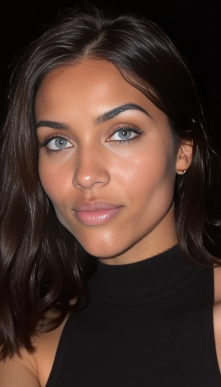 boring low quality snapchat photo circa 2015, woman model at techno party in berghain night club in berlin at night the woman model wears a black high neck tanktop. and ripped black jeans., Dark hair. Blue eyes. Full lips. High cheek bones. Glowing skin. French girl. 
Face
	•	Structure: Amara has a softly sculpted, heart-shaped face with high cheekbones and a defined jawline that gives her an elegant, modelesque appeal.
	•	Skin Tone: Smooth, golden-caramel complexion with a radiant, airbrushed glow—suggesting luxury, health, and a premium skincare routine.
	•	Eyes: Almond-shaped eyes with a sultry, come-hither look—often lined with soft eyeliner and long, fluttery lashes. Her gaze is confident, seductive, and captivating.
	•	Lips: Full, plush lips with a natural pout—usually glossed or in a soft nude or berry tone, depending on her persona mood.
	•	Brows: Clean, arched brows that frame her face perfectly—feminine but powerful.
