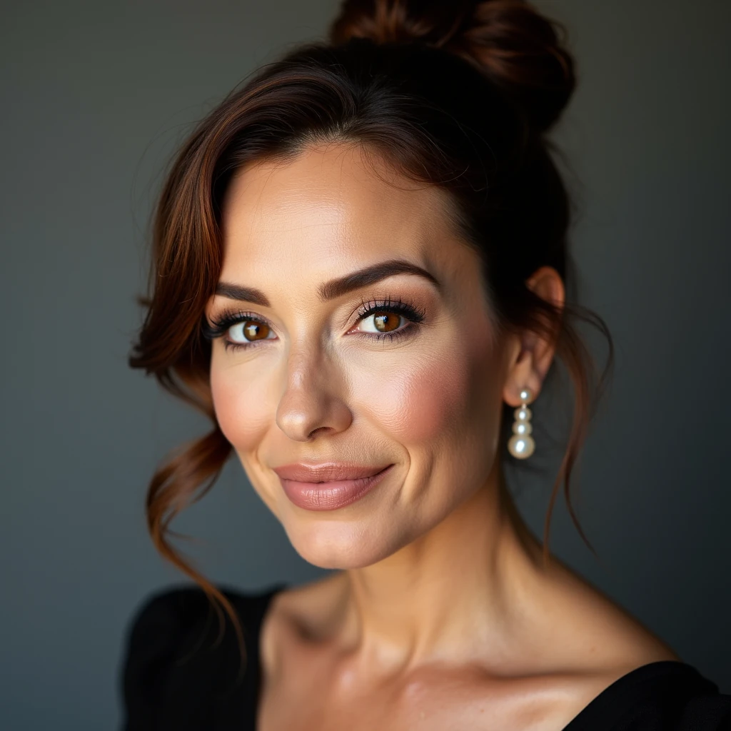 score_9, elegant portrait of a mature woman, fuller face with rounded cheeks, hazel eyes, chestnut brown hair in a bun, pearl earrings, soft makeup, clean studio light, 85mm lens