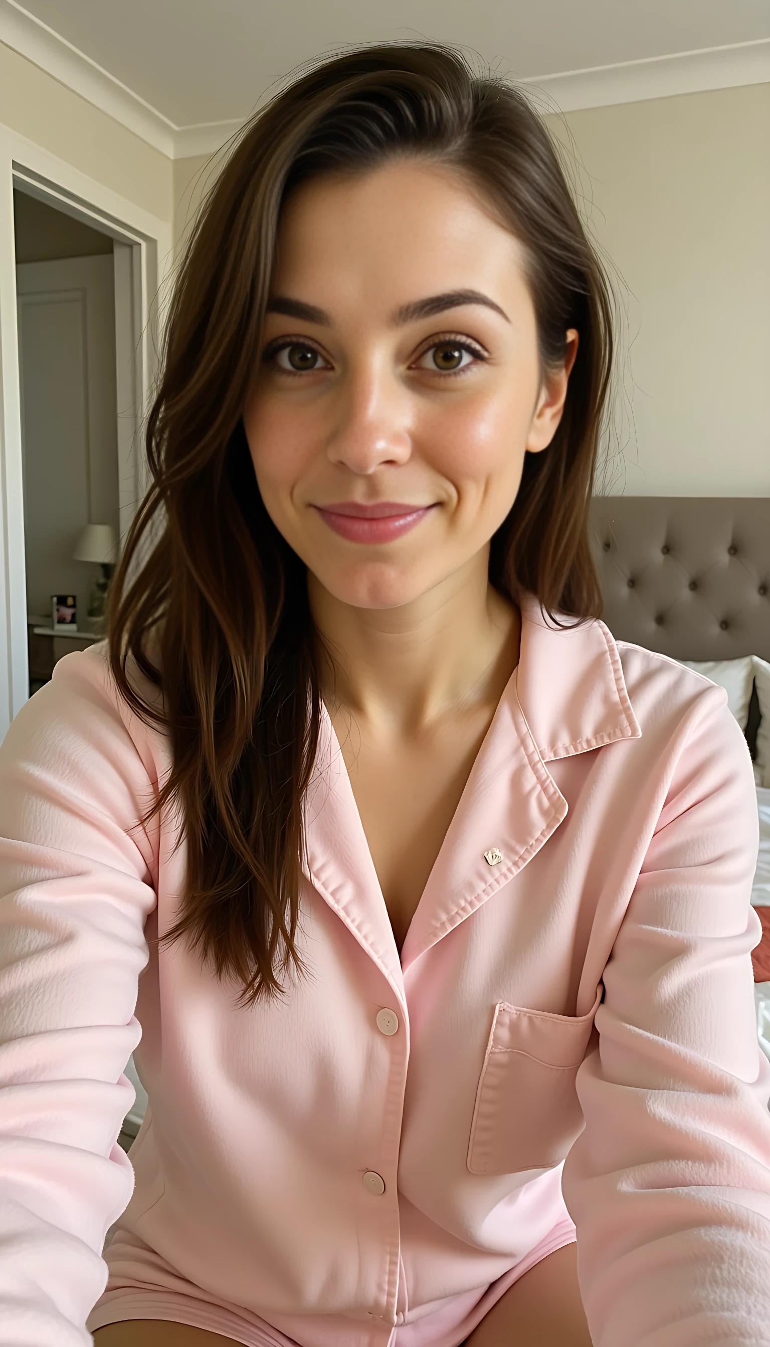 iphone portrait of CSTMDL woman, selfie, in pajamas