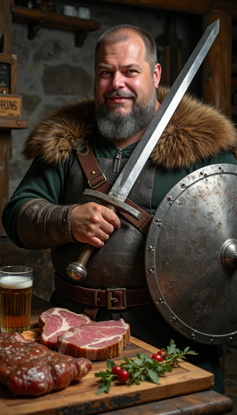 CSTMDL as grey bearded Viking with a viking sword and stylish viking silver shiny Plate armour , standing beside a table full of meat , beer and wine , and he hold a wooden mug full of beer, forward with the left hand,  in his right hand he hold high a typically fine ornated metal Viking shield 
