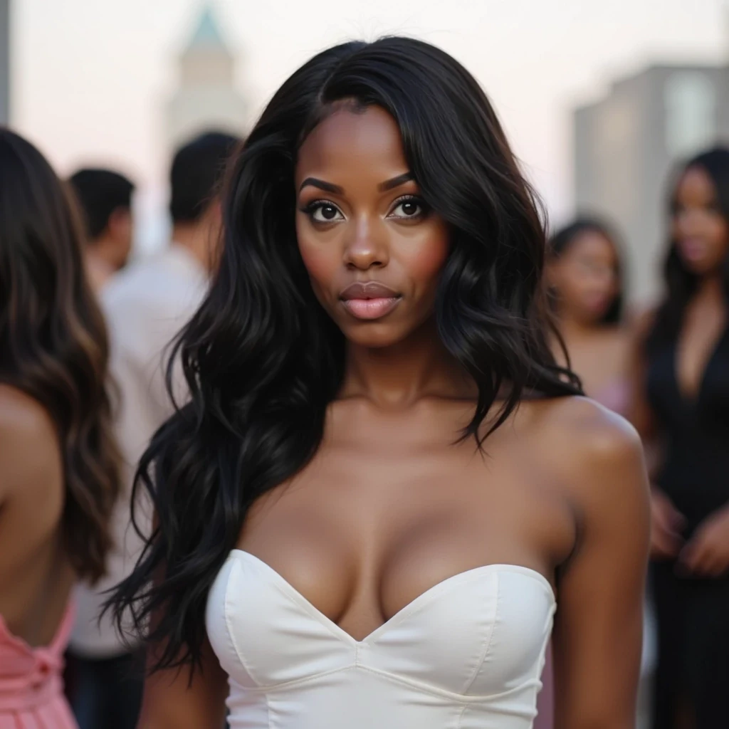 far iphone selfie photo of woman CSTMDL. She’s at a daytime rooftop party with friends, she is dancing with a guy behind her. She’s wearing a strapless short white dress with cleavage showing. party has alot of people.

She has deep brown almond-shaped eyes and long, wavy black hair flowing over her shoulders. Her figure is curvy and feminine, with a confident presence. She has large breast and big butt. Her fingernails feature a long-length squuared white French square manicure, and her toenails are polished in a matching French pedicure.

The shot should mimic a Snapchat selfie look — casual, slightly grainy, soft-focused, as if captured quickly on a phone. Her expression is shocked,  with a natural vibe and authentic selfie feel.