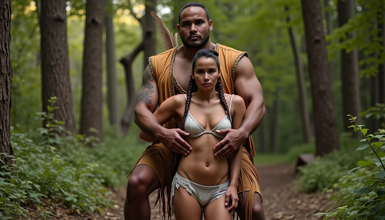 photo of woman CSTMDL, a medium shot photo of, a slim woman, her full body is in the scene, she has a slender petite build with petite small boobs and a flat chest, she has small dark skin nipples with long pointy nipple ducts and small dark skinned areolas, her hair is styled with two long braids she has eagle plumes in her hair, she is not wearing earrings, she is wearing daisy duke denim booty shorts, she is wearing a native American style vest in a golden yellow color over top of her underwear, her vest is open exposing her strapless bra, her bra is a strapless white lace bra, she is wearing white lace panties, she is wearing ankle height smoked hide moccasins, natural lighting, natural light, amateur photography, shot on an iPhone, she is standing with her legs spread wide apart in a densely wooded forest, she is maintaining intense eye contact with the camera, there is a giant native American fat man three times her height kneeling directly behind her holding onto gripping the woman's waistline, the man is holding her in front of him, the man is a real giant three times the height of an average male, public setting, Hyper realism, ultra-sharp focus, highly detailed, natural lighting, natural light, amateur photography, she has her hands placed on the giants wrists as he holds onto her waistline 
