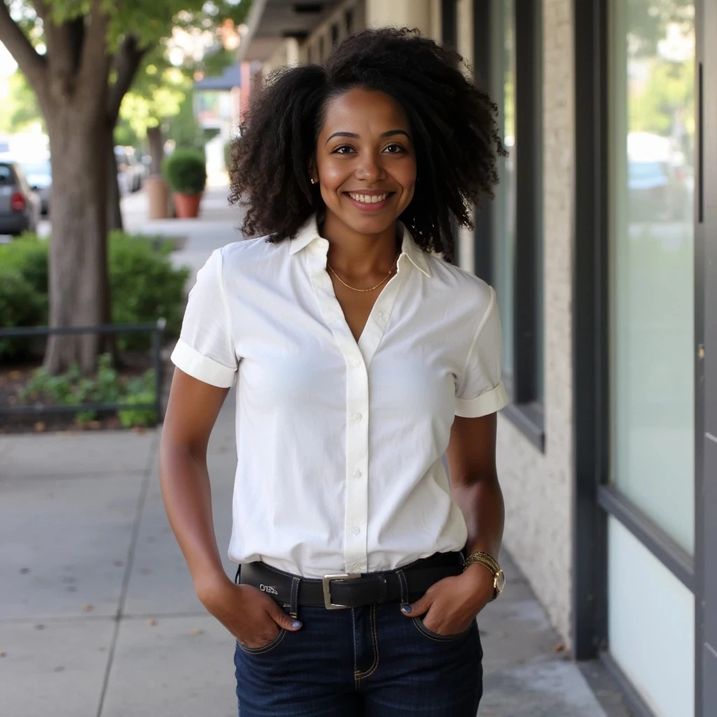 Spirit is a 37-year-old African American working mom with an athletic yet feminine build, reflecting her dedication as a runner—she’s toned but not overly muscular, with naturally defined curves and a modest bust. Her wardrobe is polished and corporate, favoring fitted outfits like dark-wash jeans and sleek tops that highlight her confident posture, while simple jewelry—such as a gold necklace and up to three earrings per ear (two on the lobe, one on the cartilage)—adds subtle flair to her look. She keeps her makeup conservative and understated, showcasing a professional style that blends warmth, approachability, and modern elegance