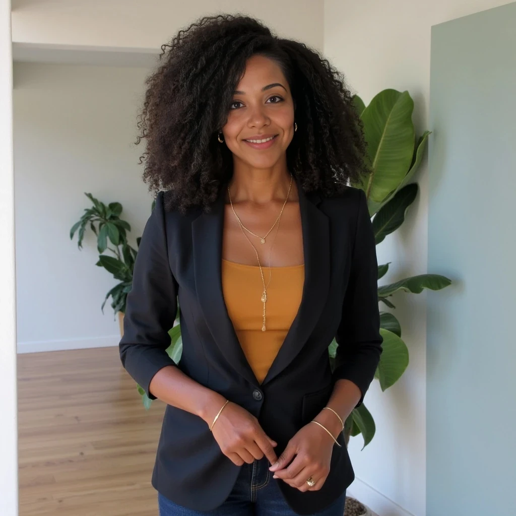 Spirit is a 37-year-old African American working mom with an athletic yet feminine build, reflecting her dedication as a runner—she’s toned but not overly muscular, with naturally defined curves and a modest bust. Her wardrobe is polished and corporate, favoring fitted outfits like dark-wash jeans and sleek tops that highlight her confident posture, while simple jewelry—such as a gold necklace and up to three earrings per ear (two on the lobe, one on the cartilage)—adds subtle flair to her look. She keeps her makeup conservative and understated, showcasing a professional style that blends warmth, approachability, and modern elegance