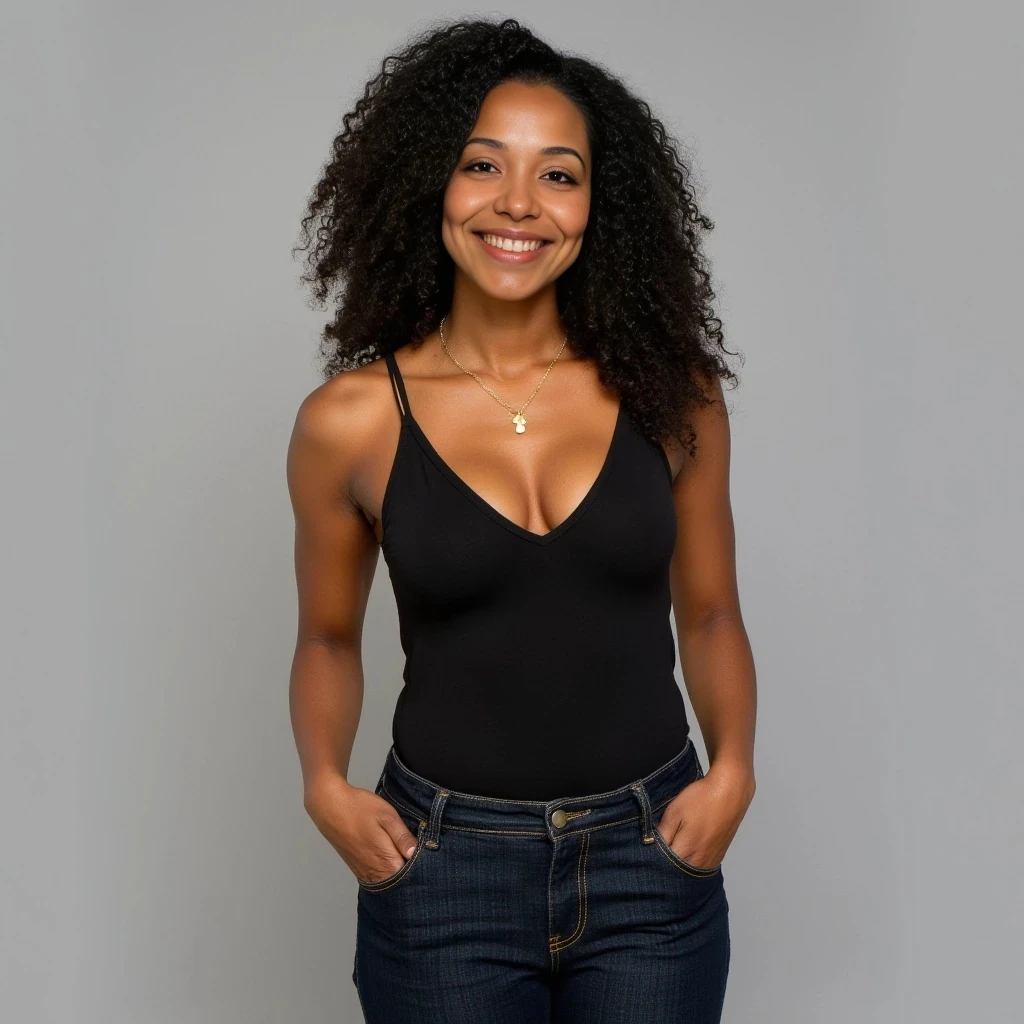 Spirit is a 37-year-old African American working mom with an athletic yet feminine build, reflecting her dedication as a runner—she’s toned but not overly muscular, with naturally defined curves and a modest bust. Her wardrobe is polished and corporate, favoring fitted outfits like dark-wash jeans and sleek tops that highlight her confident posture, while simple jewelry—such as a gold necklace and up to three earrings per ear (two on the lobe, one on the cartilage)—adds subtle flair to her look. She keeps her makeup conservative and understated, showcasing a professional style that blends warmth, approachability, and modern elegance
