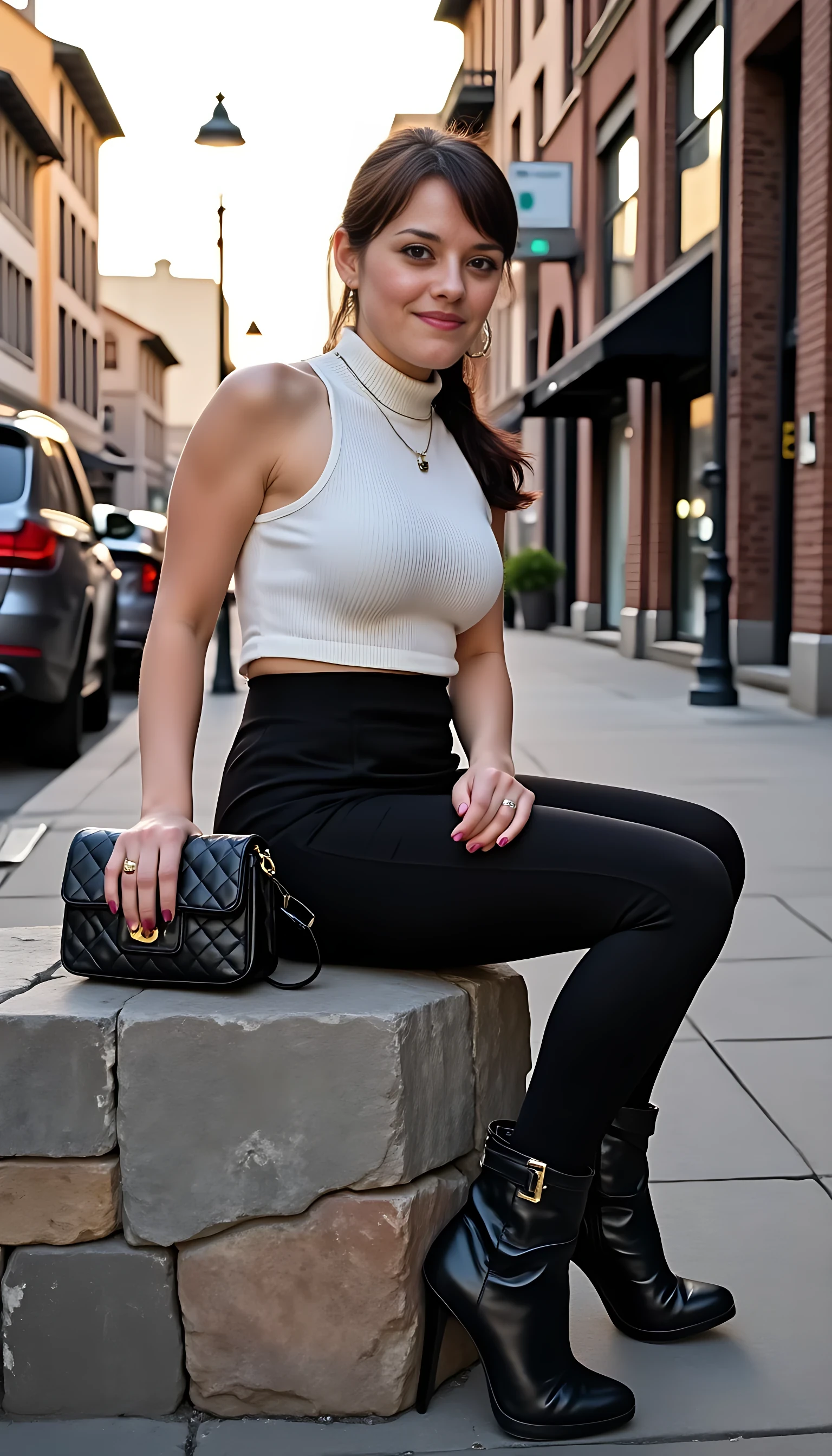 The image is a photograph of a young woman CSTM sitting on a low stone wall along a city street during sunset. She has a fair skin tone, light brown eyes, and brunette hair pulled back into a high ponytail. Her full body is facing the viewer, confidently. She is wearing a sleeveless, white ribbed turtleneck top that accentuates her slender physique and massive, very large-sized natural breasts. Her outfit also includes a high-waisted, tight black skirt that hugs her hips and midsection, paired with thigh-high, black leather boots with a shiny finish and high heels. She is accessorized with a delicate necklace and large hoop earrings.

In her lap, she holds a small black handbag with a quilted pattern and gold hardware. The photo is taken for we think we can see a hint of her underwear, but we’re not. The background shows a quaint, urban street with old-style buildings on either side, featuring large windows and awnings. The street is lined with parked cars and street lamps, casting a warm, golden glow from the setting sun. The overall atmosphere is chic and sophisticated, capturing a moment of relaxed elegance in an urban setting with e hint of eroticism.