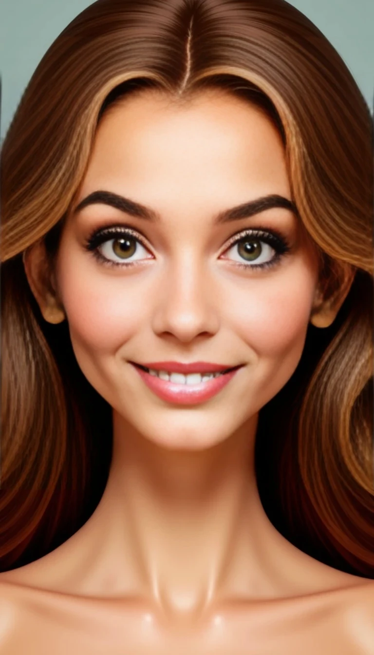 A stunning, symmetrical young woman with a heart-shaped face, glowing smooth skin with a warm beige tone, and high cheekbones. She has large, almond-shaped emerald green eyes with thick lashes and full, arched brows. Her nose is straight and narrow with a soft, lifted tip. She has full, heart-shaped lips in a natural rose pink color, and a defined jawline tapering to a delicate chin. Her hair is thick, long, and wavy — a rich chestnut brown with golden highlights. She smiles with straight white teeth and soft cheek dimples. Her neck is long and graceful, completing her elegant and youthful look.
