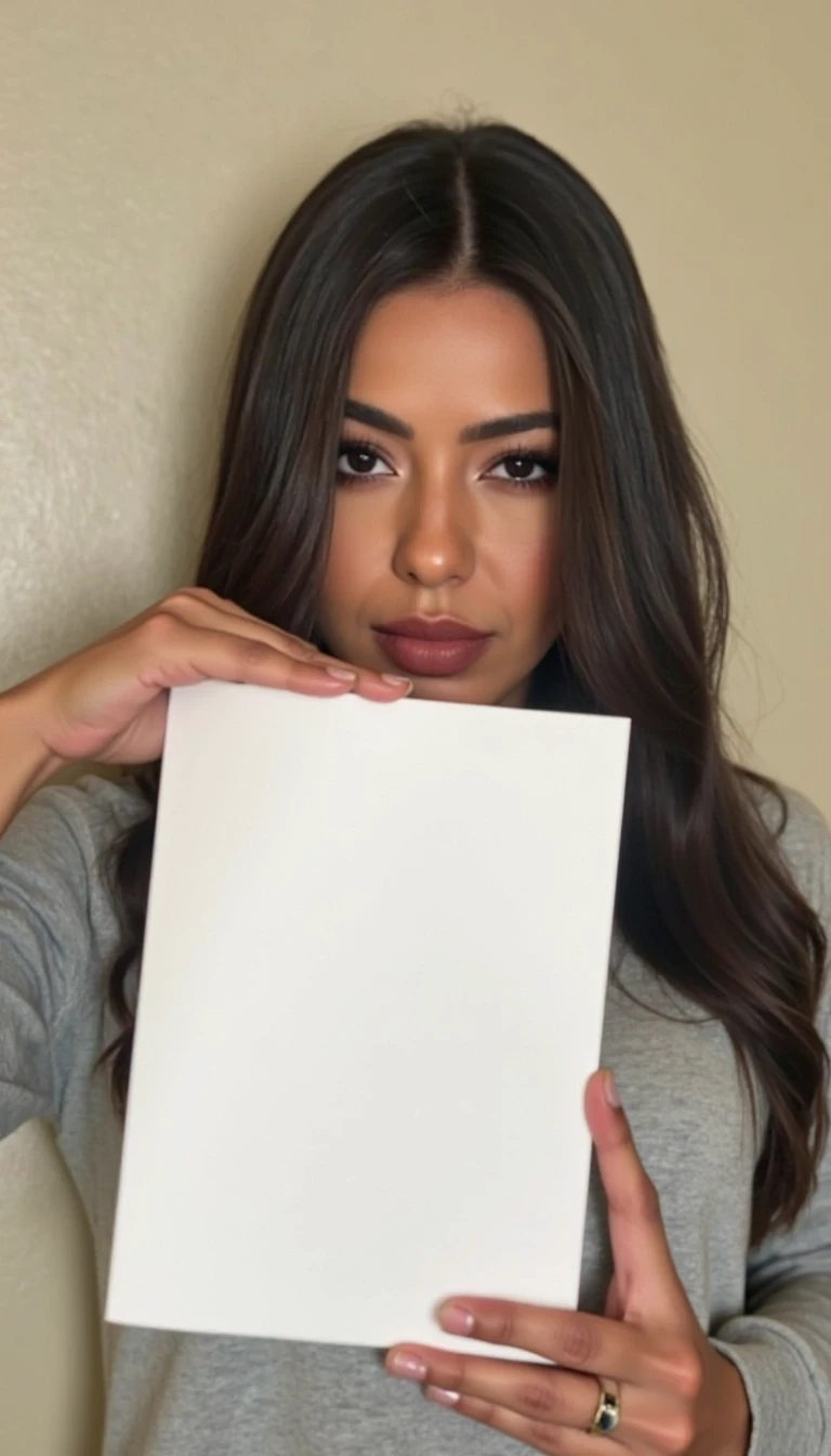 photo of woman CSTMDL, holding a piece of white paper, wall background, natural lighting, boring low quality snapchat photo circa 2015, selfie, cute woman, long sleeve clothes
