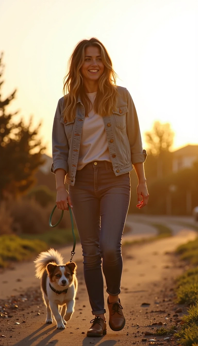 Lower quality iPhone snap of CSTMDL walking a small dog at golden hour. She laughs mid-step, eyes squinting from the light, cheeks lifted — genuine joy caught in motion.
