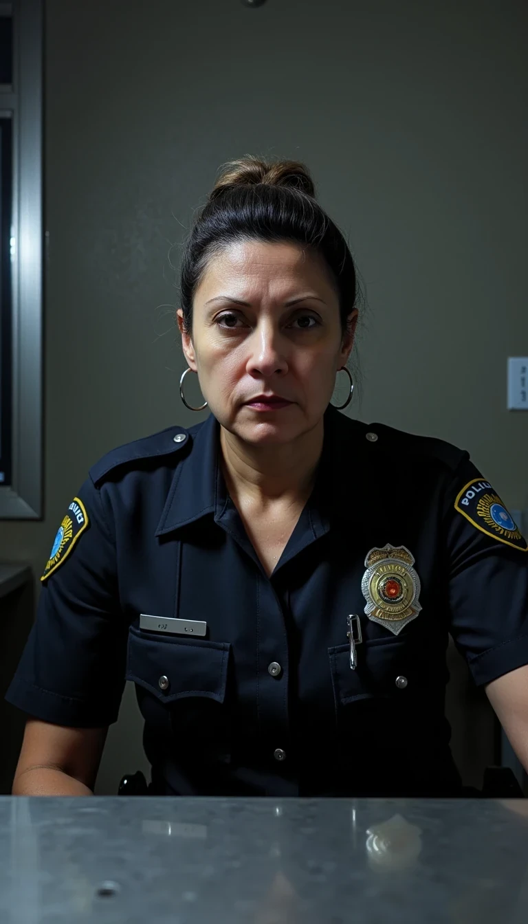 photo of woman CSTMDL, boring low quality snapchat photo circa 2015, a thin woman police officer sitting in an interrogation room with a stern expression and large breasts. The room is dimly lit, with a cold, industrial atmosphere. There is a metal table in front of her, reflecting some of the light. The woman officer is wearing modern police outfit and police tactical belt and has a serious yet composed demeanor. The camera flash is on, casting a dramatic shadow behind her against the plain walls. The sharp lighting creates high contrast, accentuating her features and the details of her uniform. The scene feels tense and focused, capturing the intensity of the moment