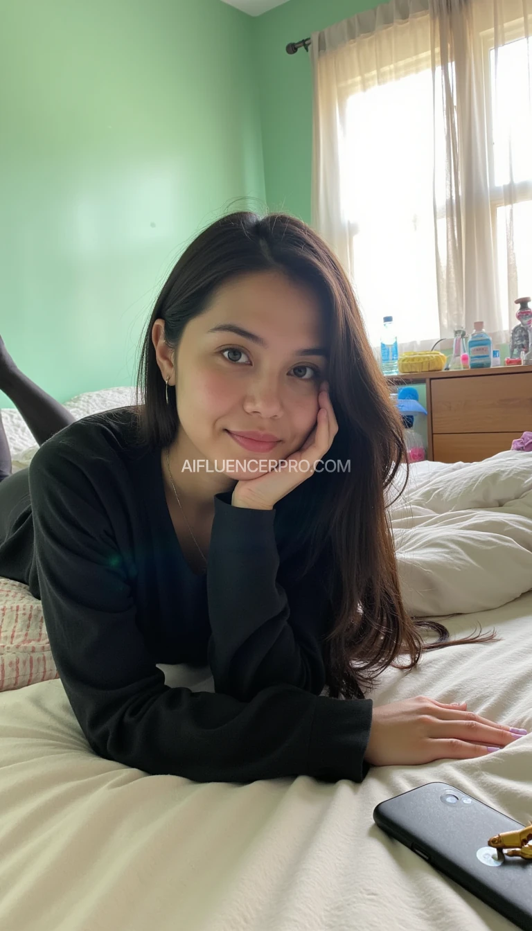 iphone poor quality selfie, woman with dark hair lying on a bed, with her face toward the camera. She is wearing dark-colored leggins and a long-sleeved shirt, in a cozy room with mint green walls and light-colored curtains letting in natural light, the room has a casual and relaxed atmosphere with some objects in the background like a water bottle and other items on a shelf or table.