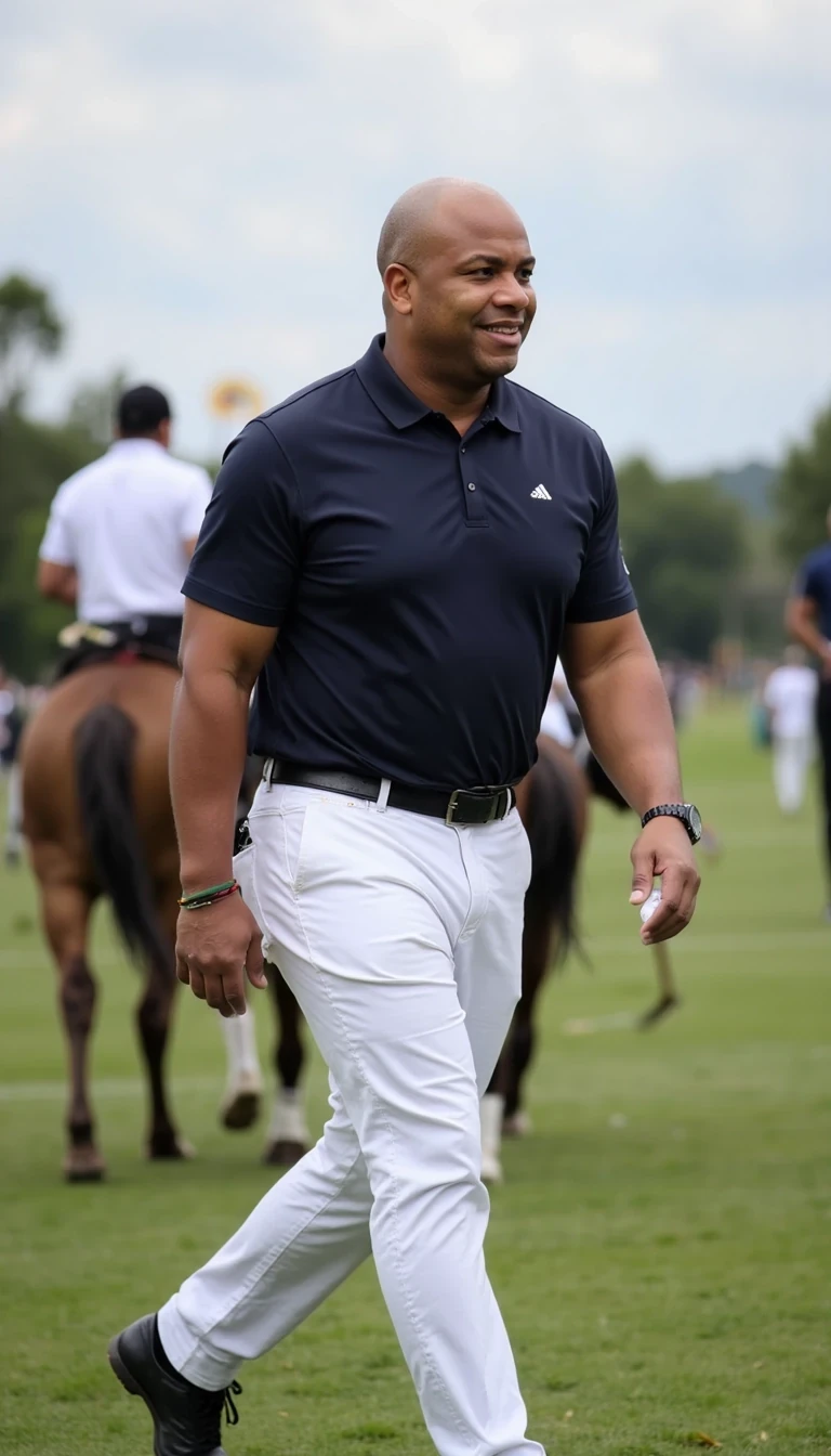 Human filter , polo, walking at polo game, smiling and same face of Carter with bald head, real and younger look, cstmdl