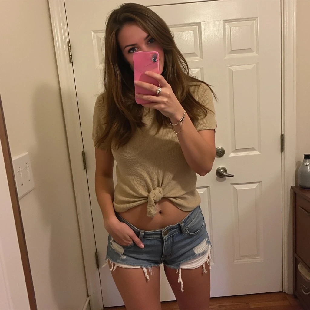 boring low quality snapchat photo circa 2015, cute woman, soft light brown hair, full outfit