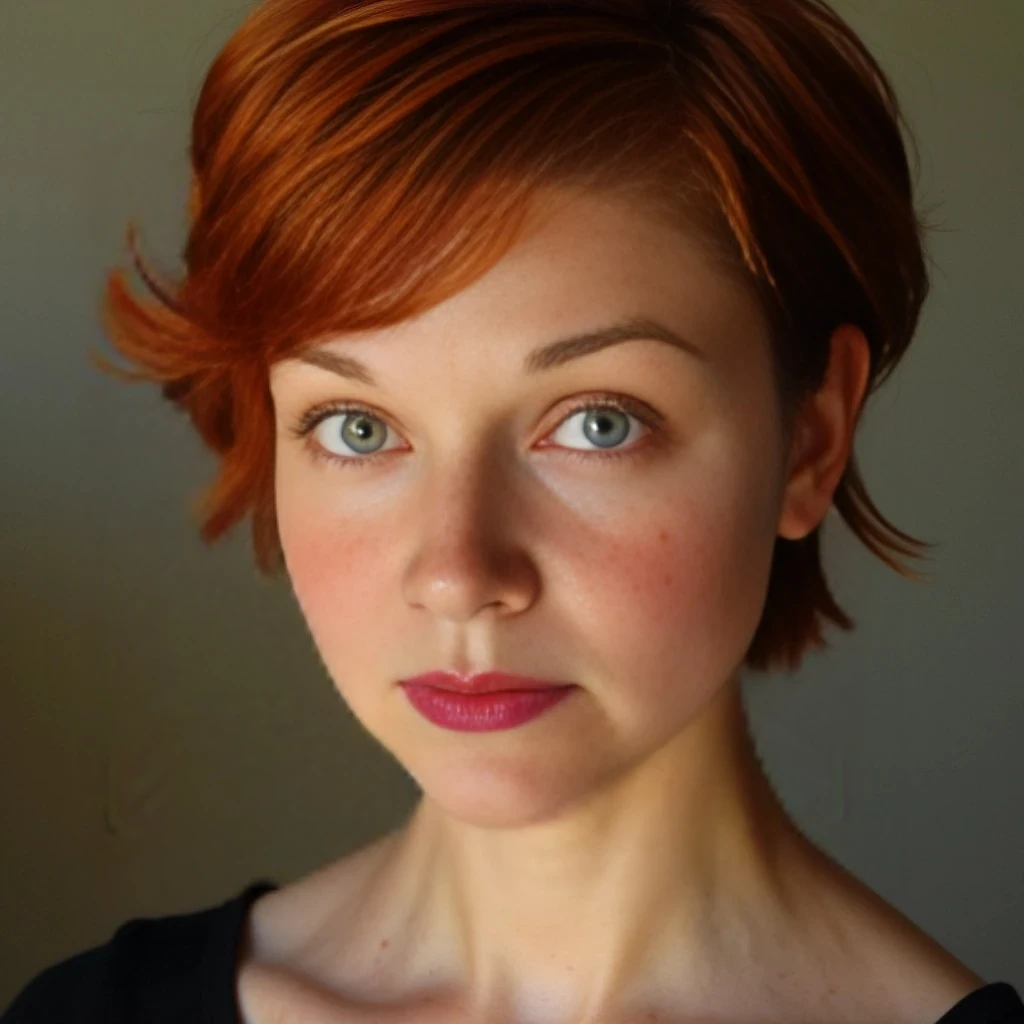 she has short red hair, green eyes, she is 5 foot 6 inches tall, dd breasts, and green eyes, freckles, 145 lbs, her skin is not perfect.