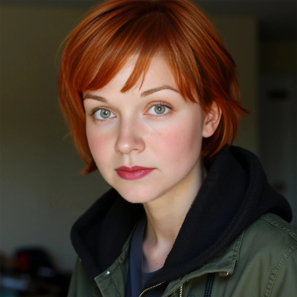 she has short red hair, green eyes, she is 5 foot 6 inches tall, dd breasts, and green eyes, freckles, 145 lbs, her skin is not perfect.
