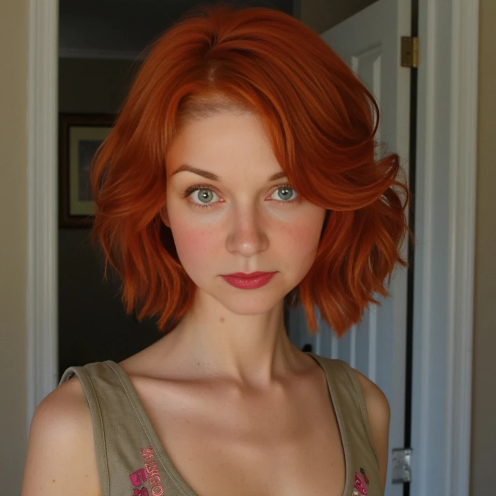 she has short red hair, green eyes, she is 5 foot 6 inches tall, dd breasts, and green eyes, freckles, 145 lbs, her skin is not perfect.