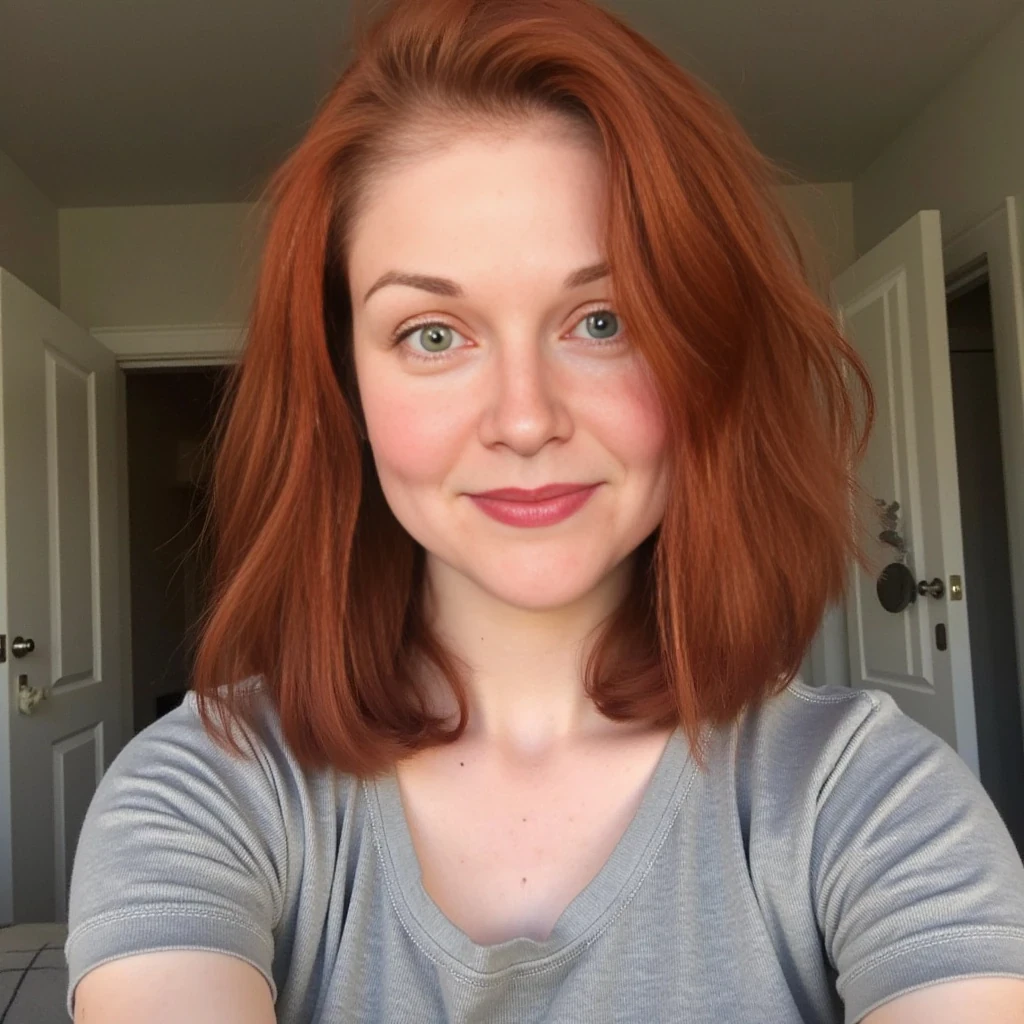 boring low quality snapchat photo circa 2015, cute redhead with freckles and green eyes, soft short red hear hair, standing, full body
