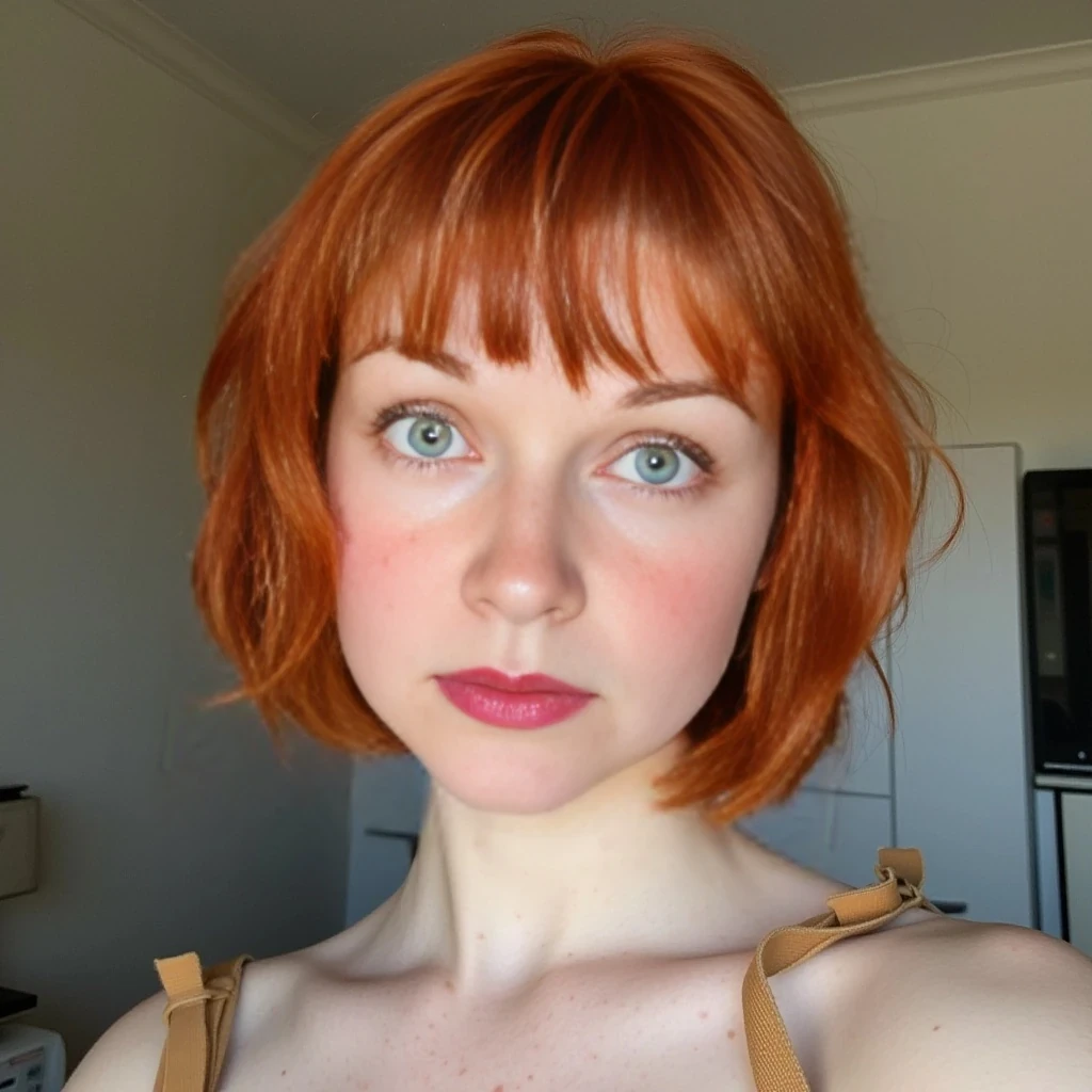 boring low quality snapchat photo circa 2015, cute redhead with freckles and green eyes, soft short red hear hair, standing, full body