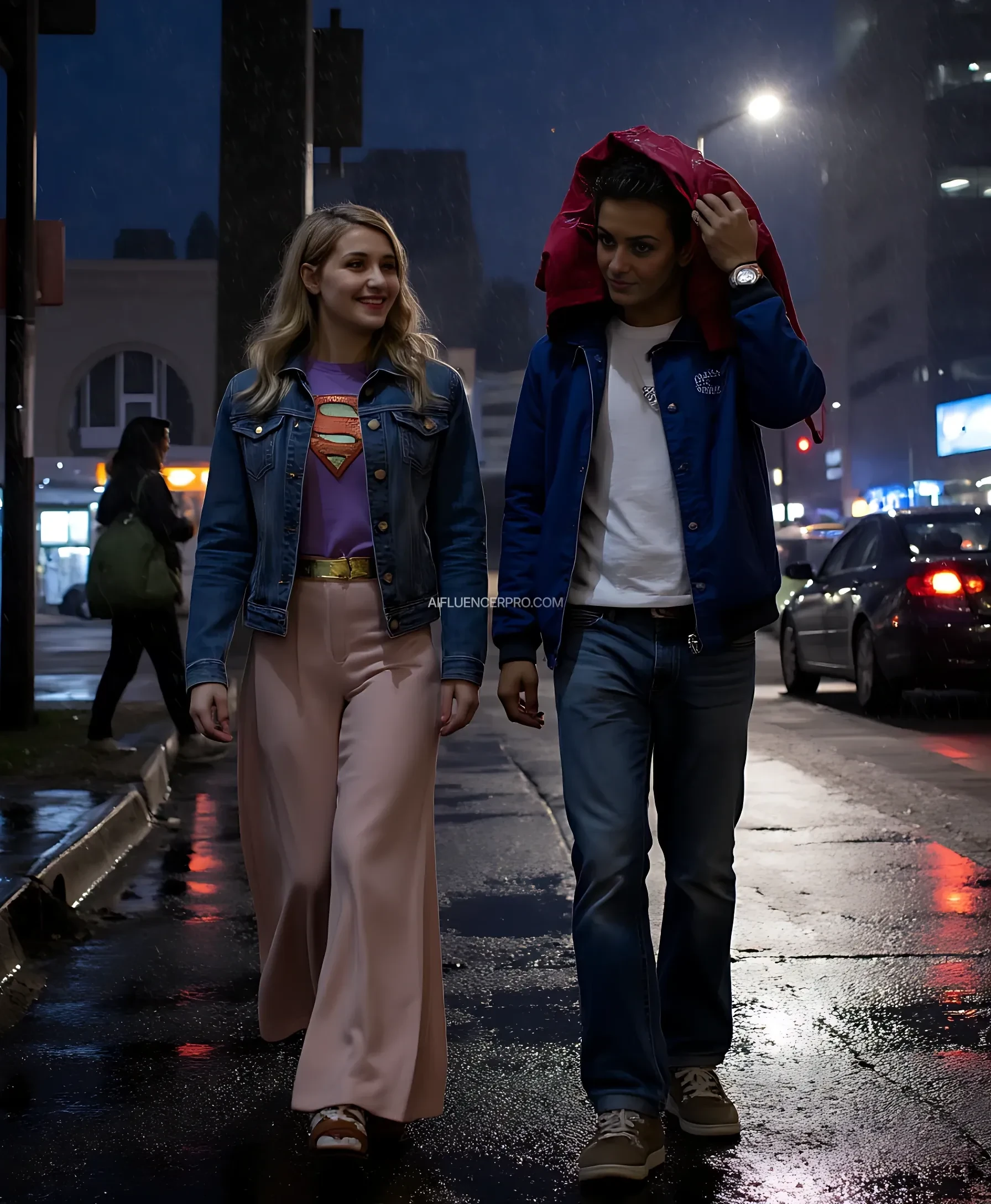 "Photorealistic, hyper-realistic, masterpiece, best quality depiction of a dark, wet city street at night, with heavy rain. Supergirl walks beside her friend. She has a warm, kind face that resembles Melissa Benoist, with the iconic logo' S' is tucked smoothly into her pastel clothes and jeans jacket, with matching trousers and hijab, she smiles warmly as she looks at her "Asia male friend" who is wearing a white shirt, blue jacket, and jeans, while holding a red jacket on top. his head as an impromptu umbrella of sparkling city lights, and the puddles create texture and add depth to the overall scene, with glowing reflections and a sense of connection between the two characters."