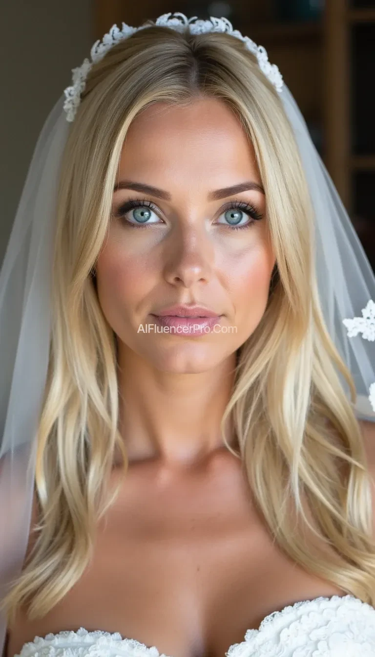 A beautiful women with blond hair and blue eyes wearing only a veil.