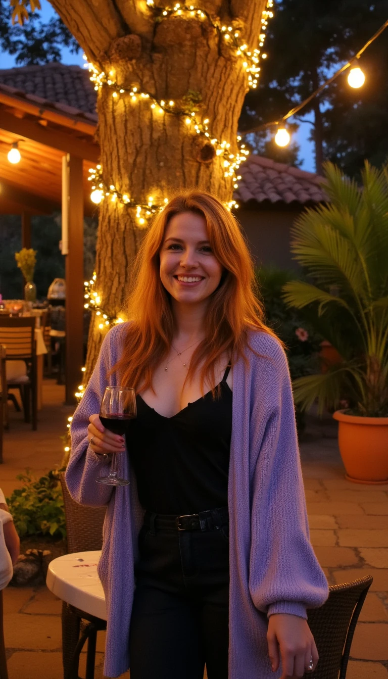 A full body shot photo of a woman standing outdoors at a cozy, warmly lit patio in the evening, with soft, glowing lights wrapped around a tree behind them creating a charming atmosphere. The image is rich in detail, with warm tones and clear textures throughout. The woman has fair skin, a slim build, and long reddish-blonde hair, also worn loose. She is smiling warmly at the camera, holding a glass of red wine in her right hand, and wears a soft-textured lavender cardigan over a black top. The background features a large tree with sparkling string lights wrapped around its trunk and branches, adding a magical touch to the scene. The setting suggests a private outdoor seating area, with elements like terracotta-tiled roofing, greenery, and rattan chairs contributing to a serene, inviting vibe. The overall composition is balanced, with the woman framed against the softly glowing tree, and the lighting enhances the warm, intimate feel of a quiet evening shared among friends. The details are vivid, with textures of clothing, skin, and background elements clearly visible, while the warm lighting creates a relaxed and joyful mood