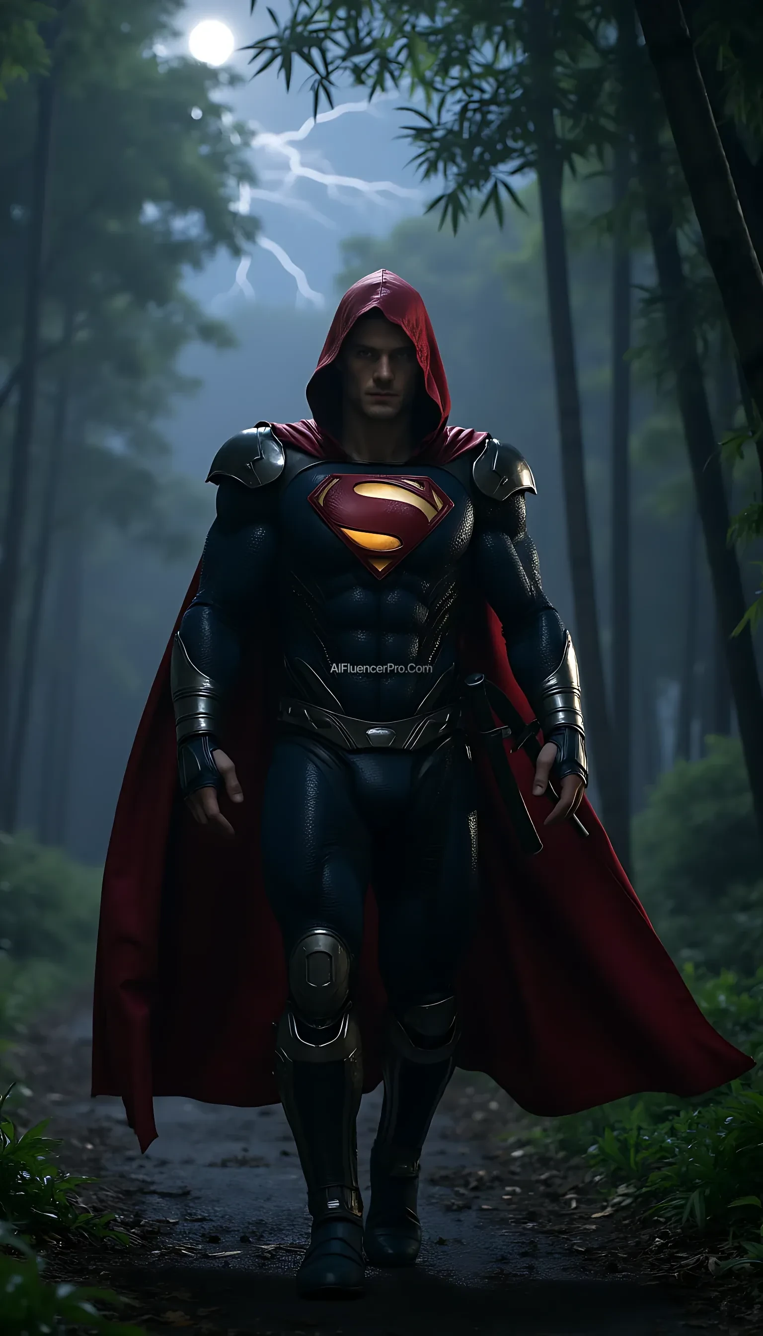 A photorealistic Superman wearing a modified ninja-inspired suit, walking with purpose while pulling back the hood of his traditional ninja cloak. The suit is sleek and metallic, blending robotic elements with armor plating. As he walks, the hood is slowly drawn back, revealing Superman's determined expression. The iconic 'S' symbol on his chest gleams with power. His katana hangs at his side, ready for action. The scene takes place in a misty bamboo forest at night, where moonlight filters through the dense foliage, casting sharp contrasts of light and shadow. A distant thunderstorm flashes faint lightning on the horizon, enhancing the cinematic atmosphere. Superman walks confidently, his cloak billowing behind him as he readies himself for the coming challenge